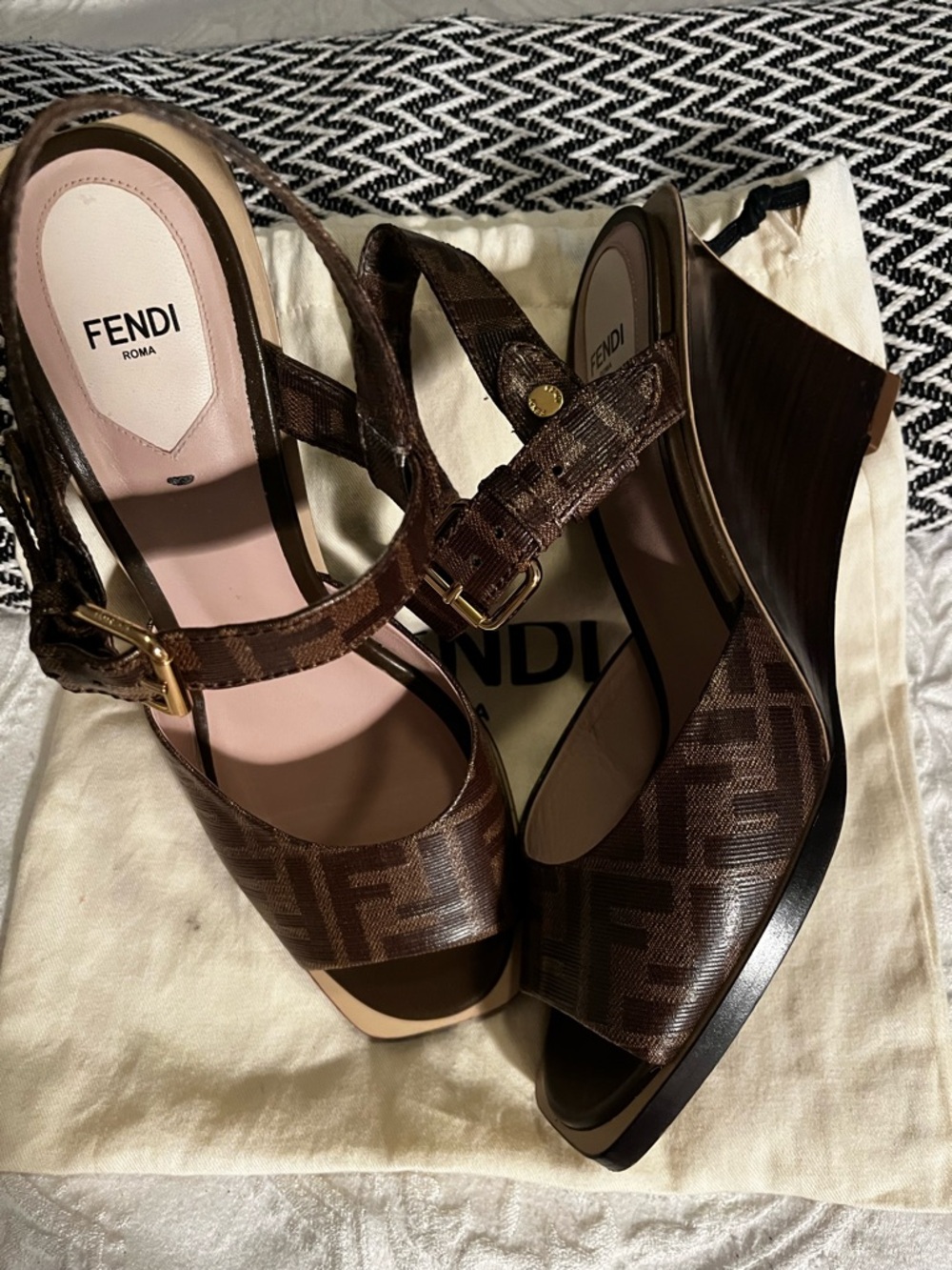 Fendi Brown FF Logo Slingback Wedge Sandals - Picture 4 of 4